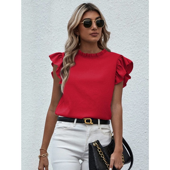 🌟 Mock Neck Lettuce Trim Ruffle short sleeve Blouse black - Picture 6 of 11